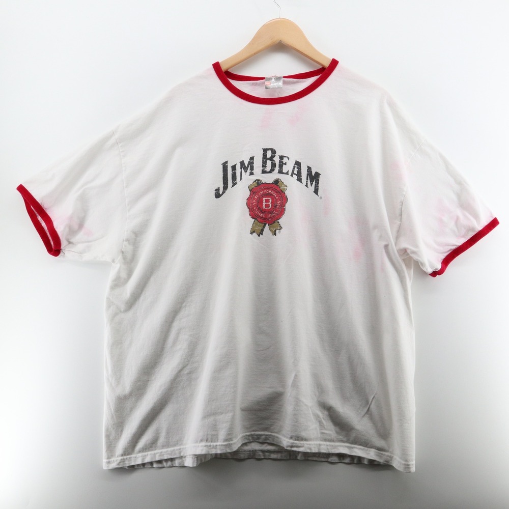 Jim Beam T-Shirt Mens XL Ringer White 2000s Hanes Beefy-T Distressed Logo Good